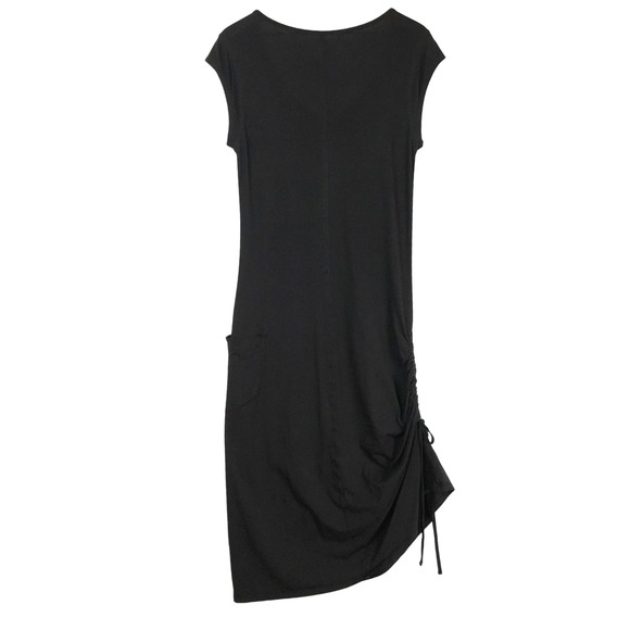 Toad&Co Organic Cotton Modal Ruched Side Midi Dress Sz S Black Cap Sleeve Pocket - Picture 2 of 9